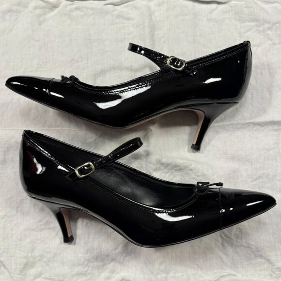 J.Crew Colette Mary Jane Heels 7.5 Black Patent Leather Cap Toe Pumps 72mm 3 in - Picture 2 of 3